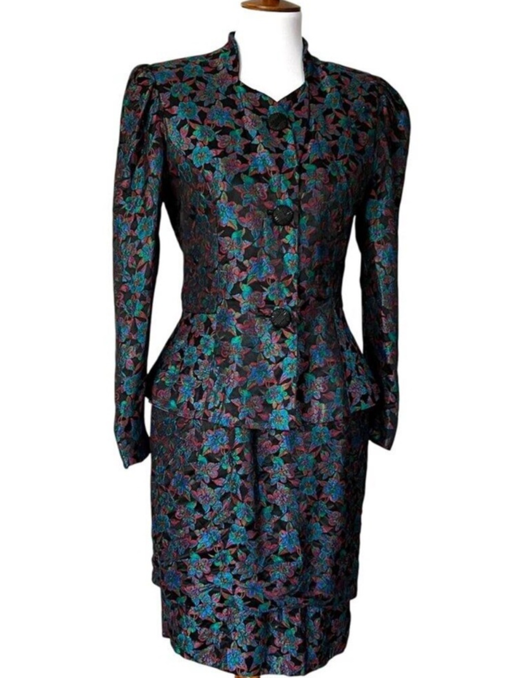 Vintage Suit Skirt Set Small Couture Jacket Set Jacquard 80s does 40s Peplum - Picture 10 of 17